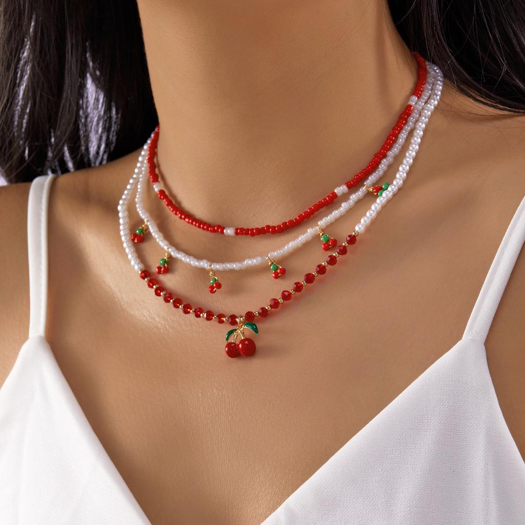 Trendy Red Fruit Cherry Beads Pendant Pearl Beaded Necklace For Women Trendy Party Clavicle Choker Jewelry Holiday Gift