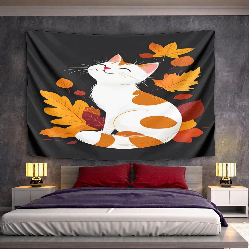 Autumn Cat with Falling Leaves Pattern Wall Hanging Tapestry Decorative Tapestry Home Decor for Bedroom and Living Room