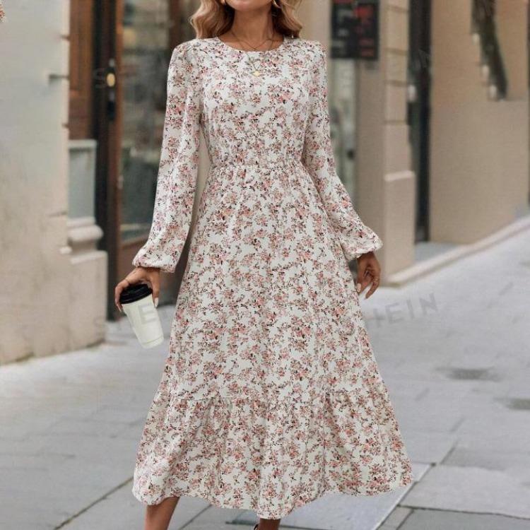 Women Summer Casual Floral Print Long Sleeve O-Neck A-Line Dress High Waist Elastic Loose Ankle-Length Spring Dresses