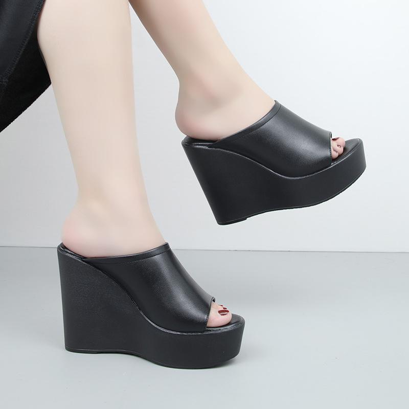 

11см Маленький Большой Размер 33-43 Модные Удобные Мягкие Кожаные Шлепанцы Обувь на Платформе 2025 Высокий Каблук Танкетка Слайды Офисная Модель 37