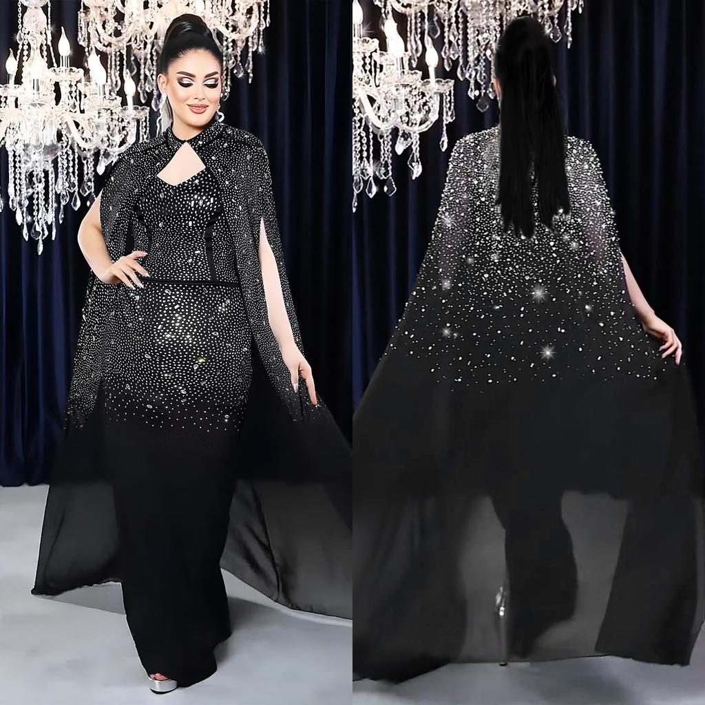 C7292 Europeisk & Amerikansk Mode Dam Sexig Strass Bodycon Genomskinlig Sjal Klänning