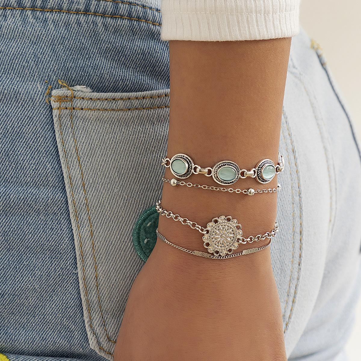 

Аксессуары, креативный набор украшений из тонкой цепочки с круглыми бусинами, ретро полый опаловый многослойный этнический браслет