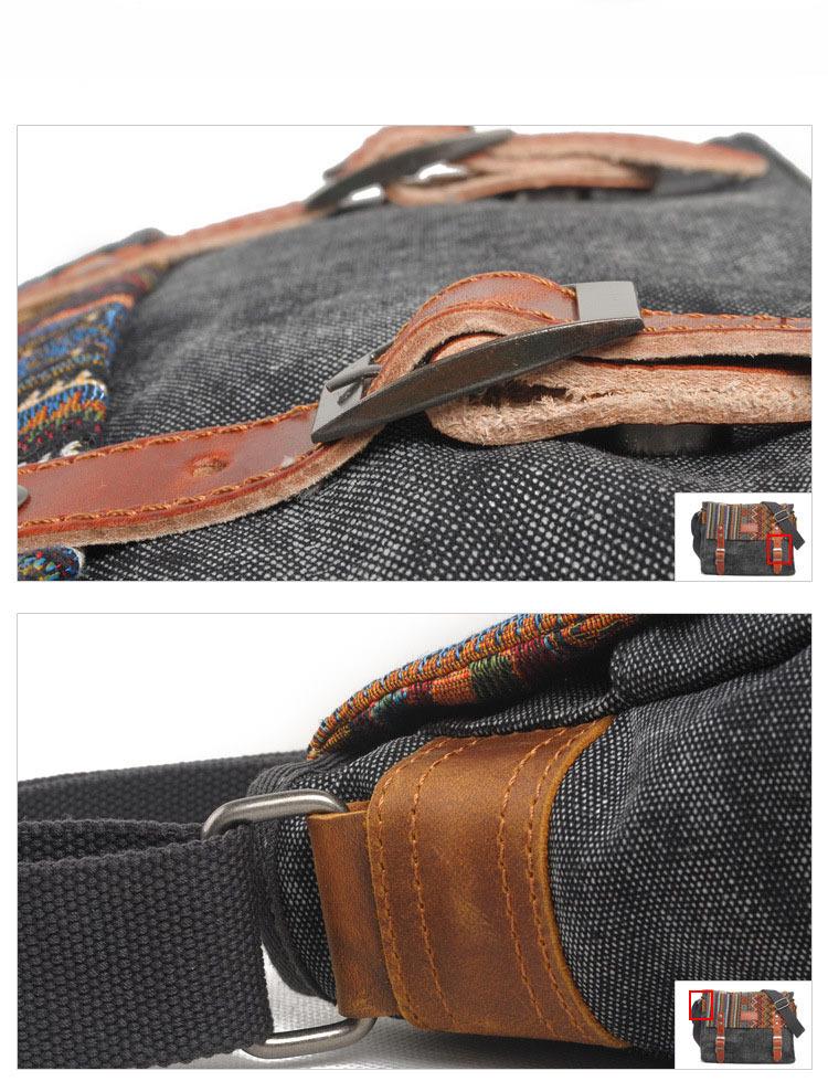 Ethnic Patchwork Canvas Shoulder Bag with Cowhide Buckle and Retro Webbing Design