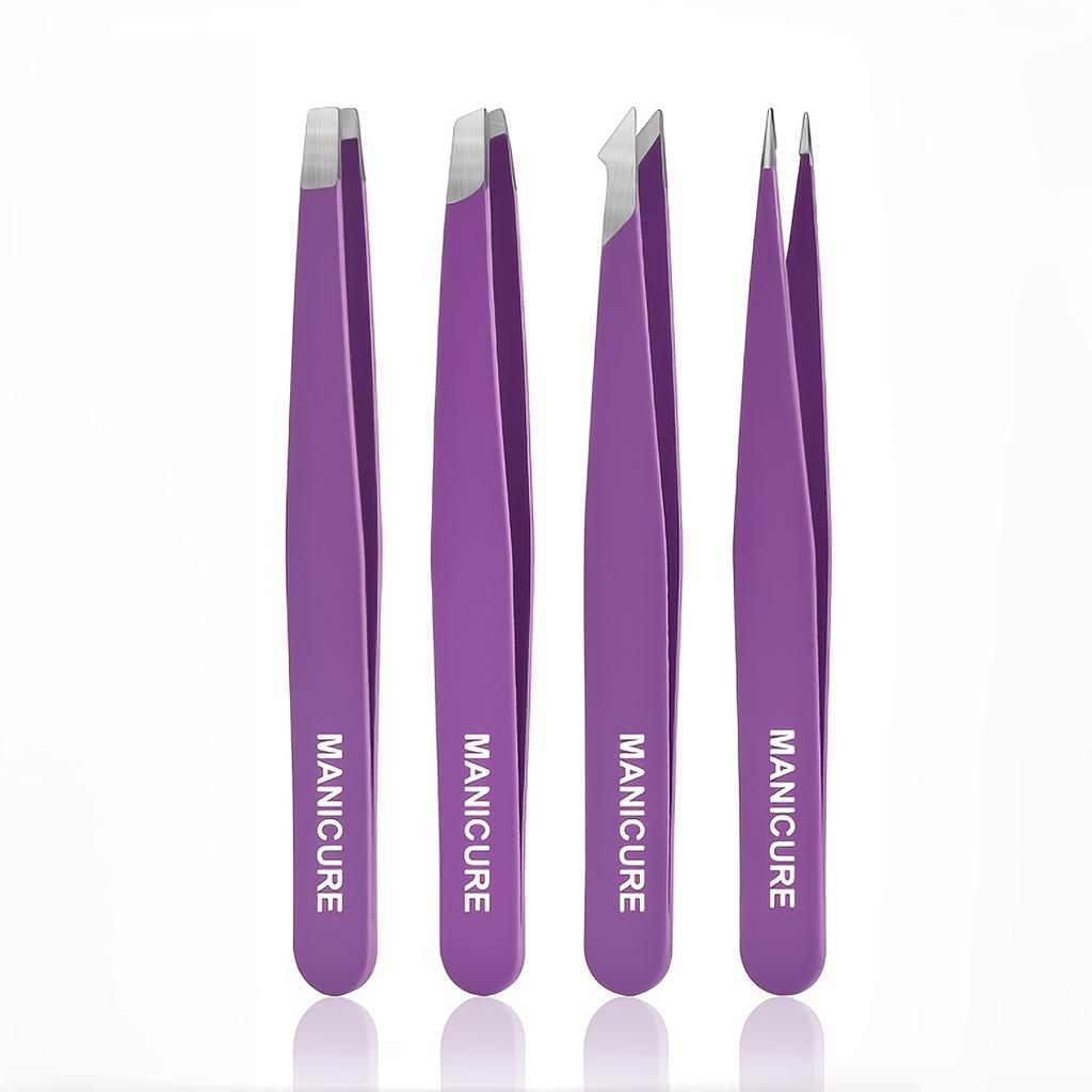 4-piece Stainless Steel Eyebrow Tweezers Purple Set Makeup Tools for Eyelash Extension, Eyebrow Shaping, Hair Removal