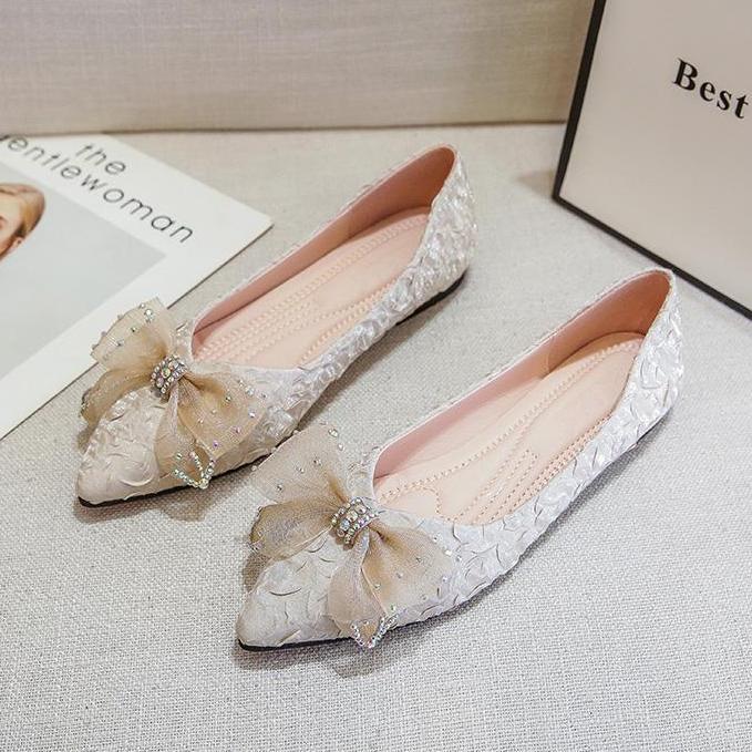 Fashion Rhinestone With Bow Pointed Toe Shoes for Women Spring and Autumn Slip-on Woman Flats Cheap Promotion Trend Elegant Dress Shoe