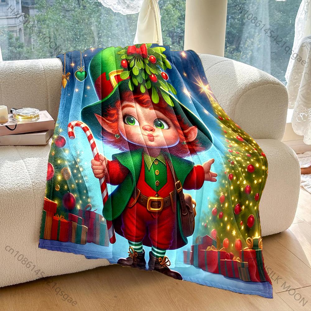 

Festive Christmas with Elf Scene Pattern Blanket Flannel Material Soft Warm for All Seasons Home Outdoor Camping Picnics RV 75x100cm