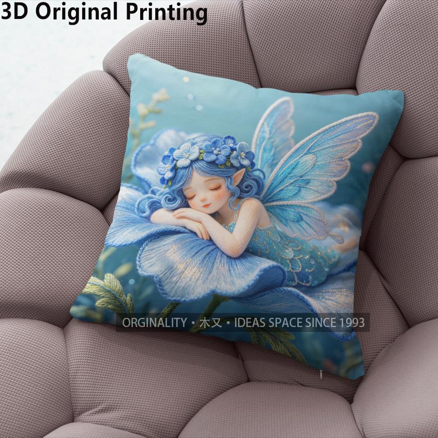 Fairy In Blue Flower Throw Pillow Covers Pattern Cushion Cover Suitable For Sofa Bedroom Car Pillow Cover