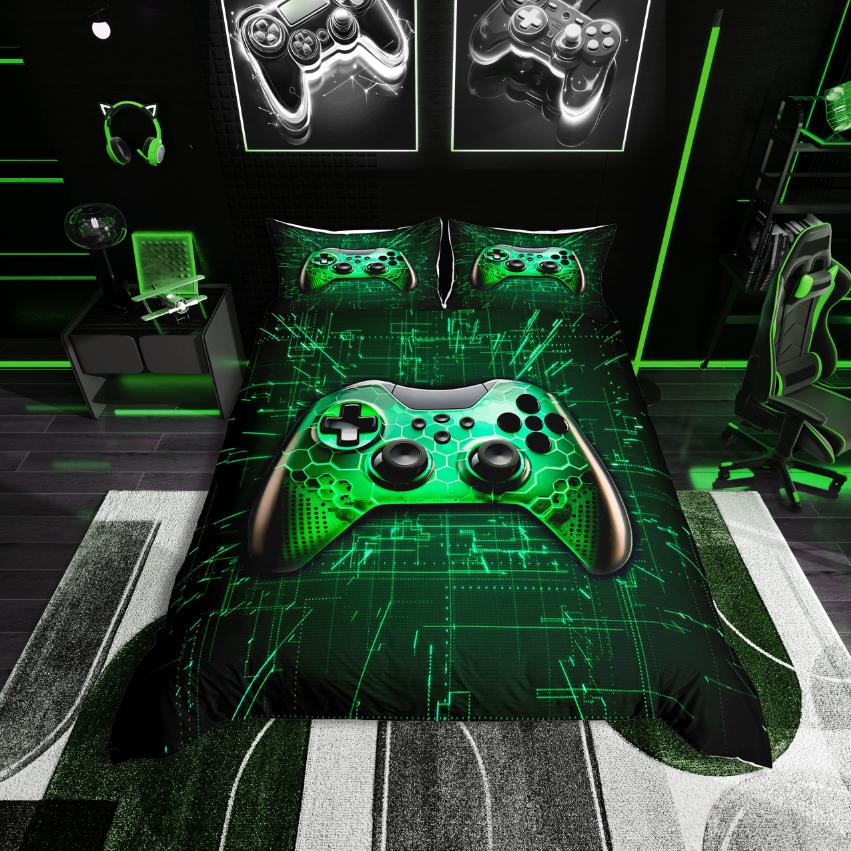 Homewish Gaming Duvet Cover Set,Green Blue Gamepad Controller Comforter Cover Set,Modern Video Game Bed Set For Boy