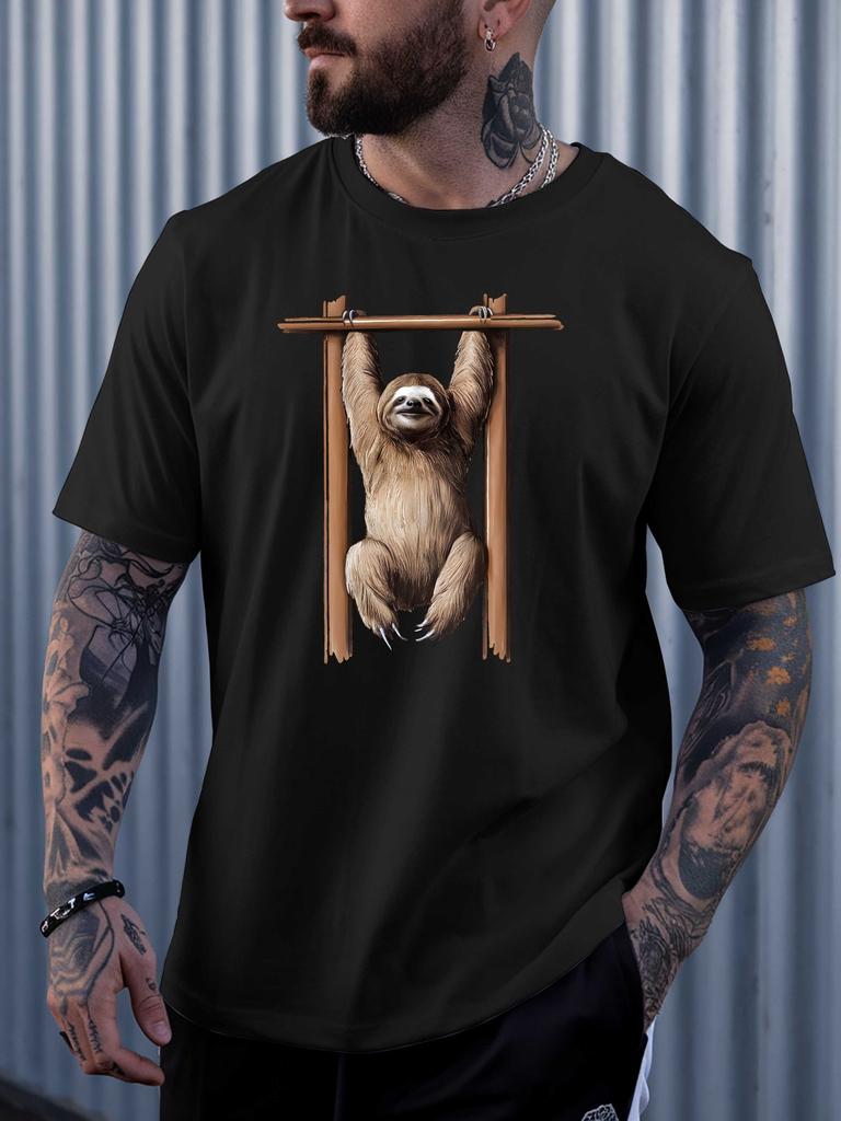 Unisexs Crew Neck Cotton T Shirt Hanging Sloth Wooden Frame Print Short Sleeve Lovely Animal Casual Street Fashion Daily Top
