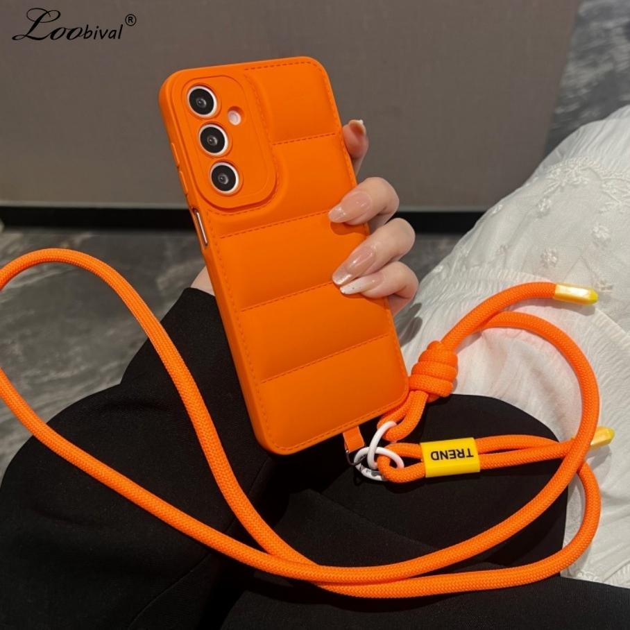 Fashion Down Jacket Long Lanyard Case for Samsung Galaxy S25 S26 Ultra S24 S23 Plus S22 S21 FE A55 A56 A16 Crossbody Soft Cover