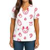Women's Christmas Print V-Neck Double Pocket Short Sleeves Hem Slit  Uniform And Caregiver Top