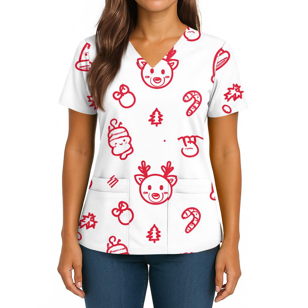 Women's Christmas Print V-Neck Double Pocket Short Sleeves Hem Slit Uniform And Caregiver Top