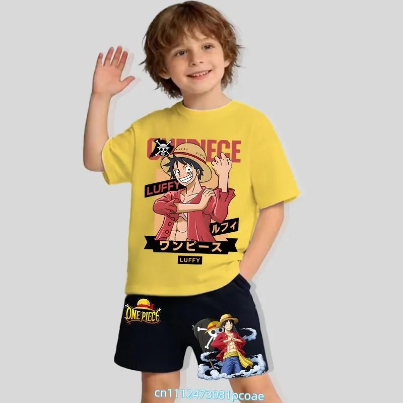 Children's Polyester Short-sleeved Shorts Set with "One Piece" Cartoon Print Boy's Sports Shirt for Summer T-shirt Set of 2 Pieces