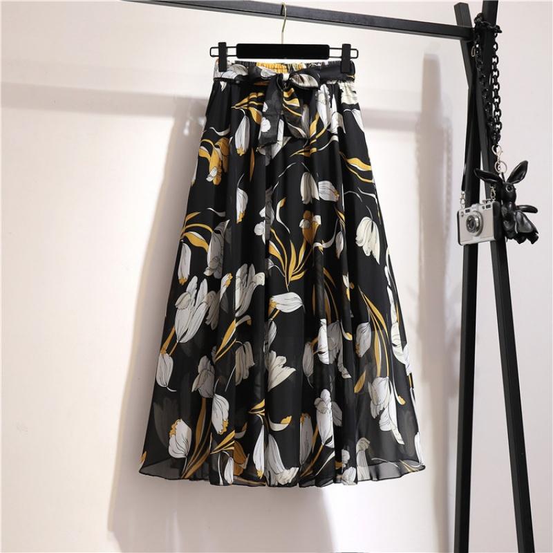 Spring and Summer New Bohemian Chiffon Skirt Mid-Length High Waist Fairy Floral Large Swing Skirt Beach Skirt