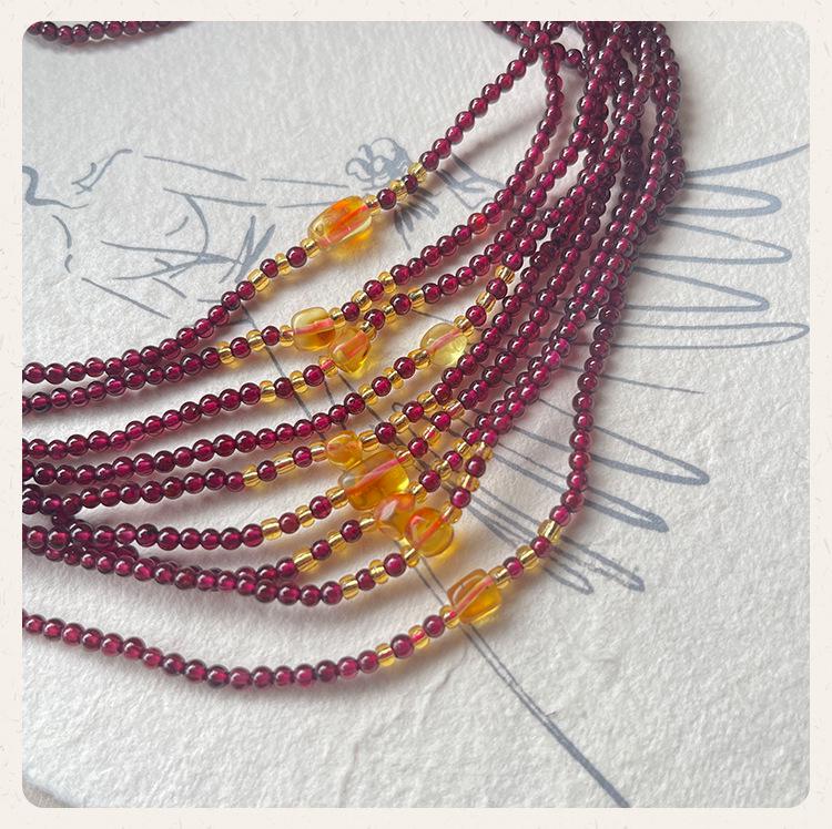 Natural Wine Red Garnet Amber Three-Loop Bracelet for Women - Ancient Hanfu Style Accessories