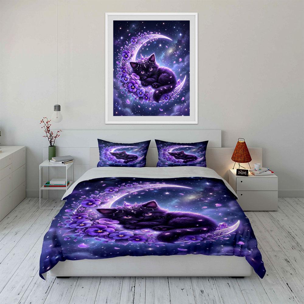 Fantasy Cat with Purple Flowers Print Bedding Set 1 Duvet Cover 2 Pillowcases for Adult and Children Luxury Gift Full Size