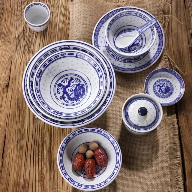 Conjunto Tigela Dragão Porcelana Azul e Branca – Tigelas Cerâmicas para Sopa de Arroz e Macarrão Prato Sob Esmalte