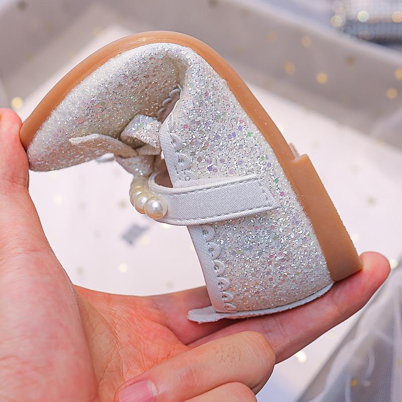 Girls' Sequin Bow Flats - 2025 Spring, Soft Sole Leather Pearl Shoes