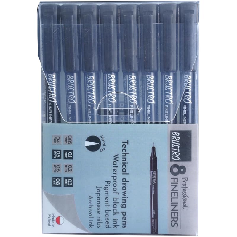 Brustro Professional Pigment Based Fineliner - Pack Of 8 (Black) With Artist Sketch Book 160 Gsm A5 Wiro Bound (116 Page