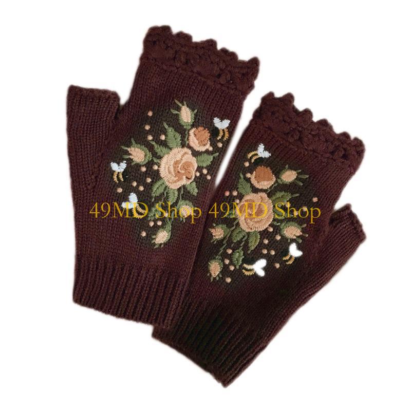 49MD Knit Fingerless Gloves Fall Winter Floral Embroidery Half Finger Cycling Mittens