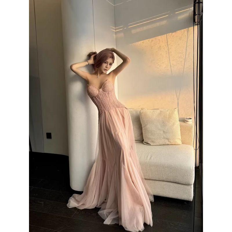 

Французское Гао Дин Доступная Роскошь Платье для Помолвки Элегантность Бай Фумэй Пляжный Отпуск Фея Сетка Рыбий Скелет Макси Платье Pink XS