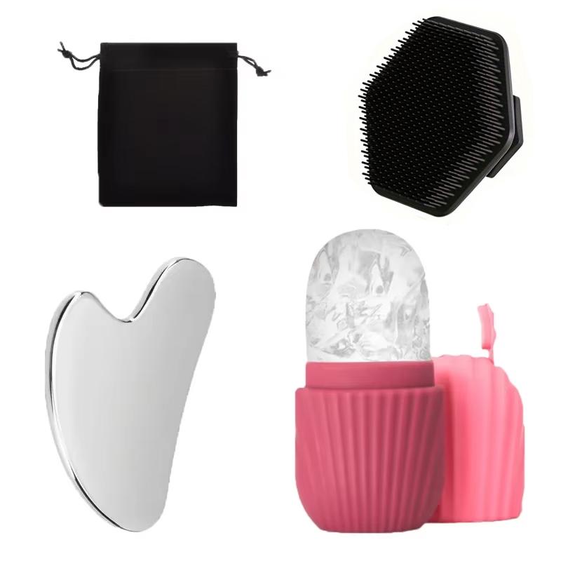 4Pcs Ice Roller Gua Sha Facial Brush Set Stainless Steel Massager for Face Puffiness Relief Skin Care Kit Beauty Skin Care Tool