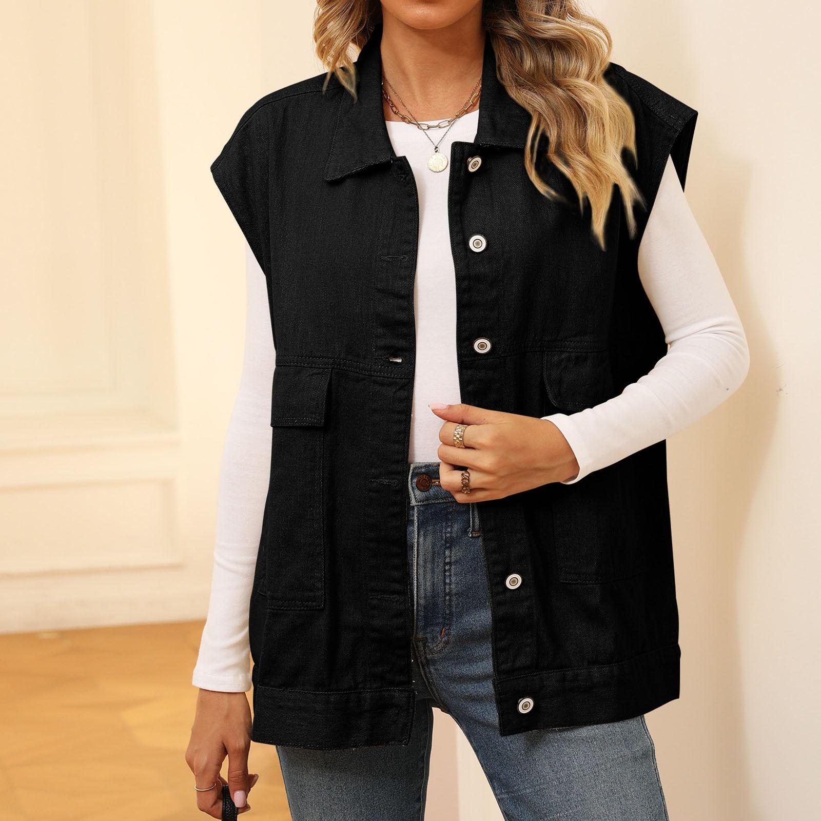 

Женская повседневная свободная винтажная джинсовая жилетка с капюшоном XL чёрный