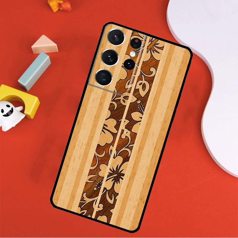 Hawaiian Faux Wood Surfboard Phone Case For Samsung Galaxy S25 Ultra S24 Ultra S9 S10 S20 S21 S22 S23 Plus S24 FE Cover