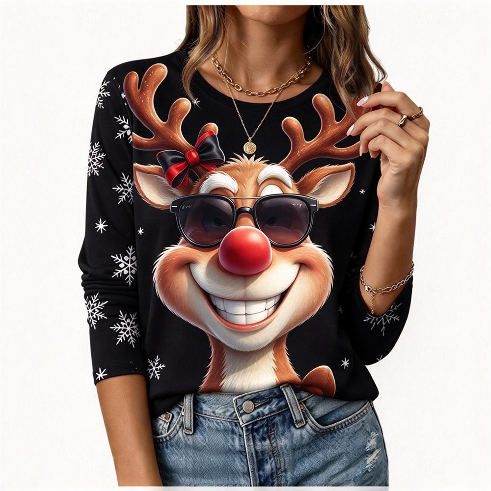 Funny Elk T-shirt Autumn/Winter Women's Christmas Long sleeved T-shirt Cotton Women Christmas Holiday Party Graphic T-shirt Tops