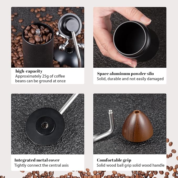 Manual Coffee Grinder Stainless Steel Tapered Burrs - Wooden Handle - Adjustable Internal Settings Dual Bearing Positioning