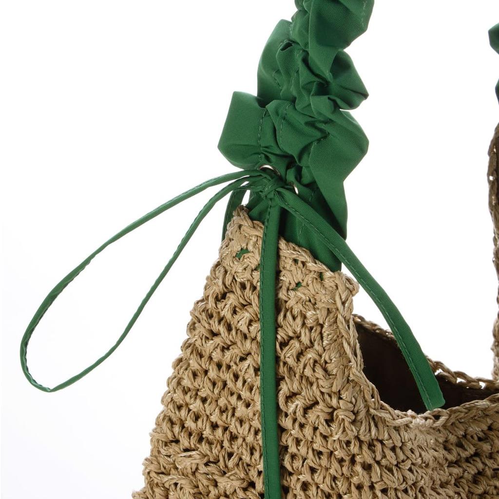 Drawstring frill handle woven tote bag