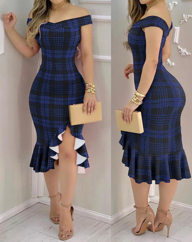 Elegant Women s Off-the-Shoulder Slim-Fit Printed Bodycon Dress S-XXL: 245-300g синий