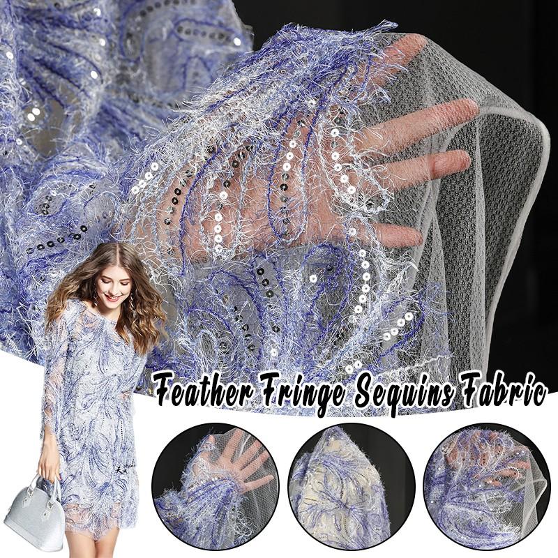 Beads Feather Fringe Sequins Mesh Fabric Texture Mesh Lace Dress Designer Fabric Gauze Material DIY Wedding Dress Craft Clothing