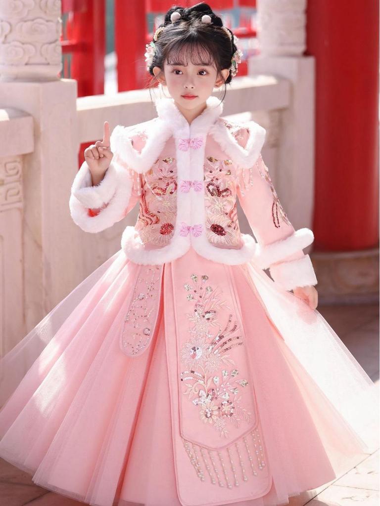 Girls' Velvet Hanfu Winter Outfit - Chinese New Year 2025 Tang Suit Costume