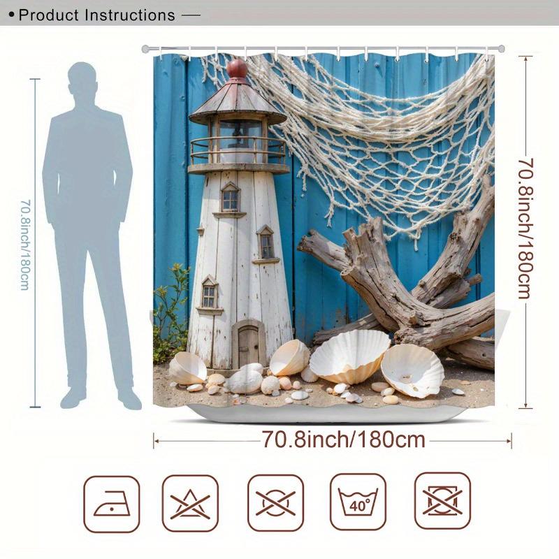 Nautical Lighthouse Shower Curtain Beach Scene with Drifter and Shell Print Shower Curtain with 12 Hooks for Coastal Decoration