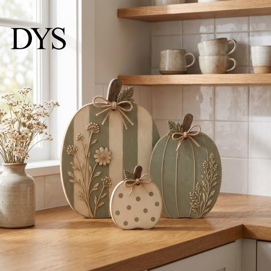 Solid Wood Pumpkin Set 3Pcs Wildflower Figurines, Farmhouse Fall Tabletop Decor, Rustic Pumpkins with Kitchen Countertop Accents Embossed Floral, Jute