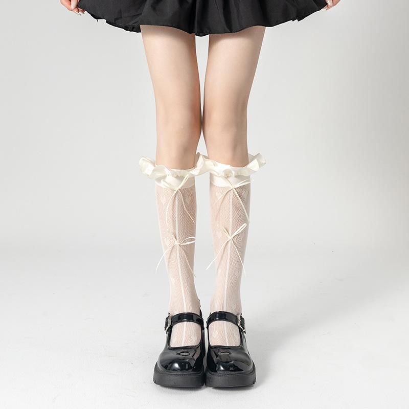 

Женские летние тонкие гольфы в полоску «Любовь», балетного стиля, с лентами и кружевом 1 pair бежевый