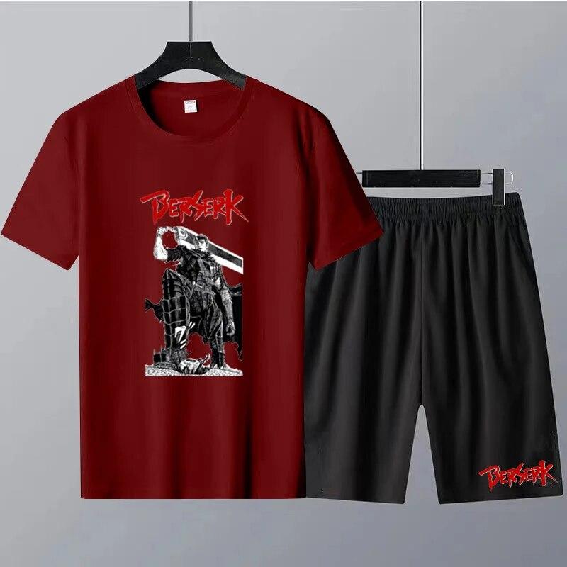 Japanese Anime Berserk Print Men's Round Neck T-shirt Sets Summer T-Shirt Shorts 2pcs Set Oversized Tracksuit Casual Men Clothes