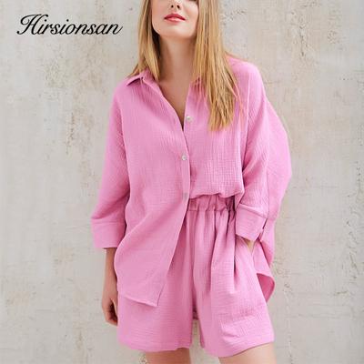 Hirsionsan Summer Loose Short Sleeve Shirt and Elastic Shorts Two Pieces Women Solid Casual Cotton Suits Female Commuter Suit