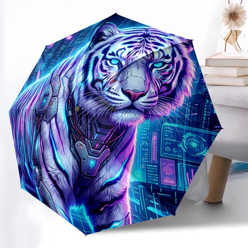 

1pc Sturdy 8-Bone Auto Umbrella, White Tiger D Umbrella, Digital Printed, Foldable Umbrella for On-the-Go Outdoor Use