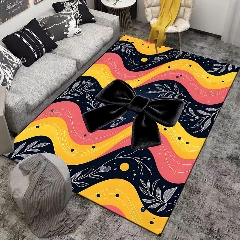 "Colorful Wave Pattern Carpet with Black Bow and Leaf Design" Suitable for use as an anti-slip for living room bedroom sofas