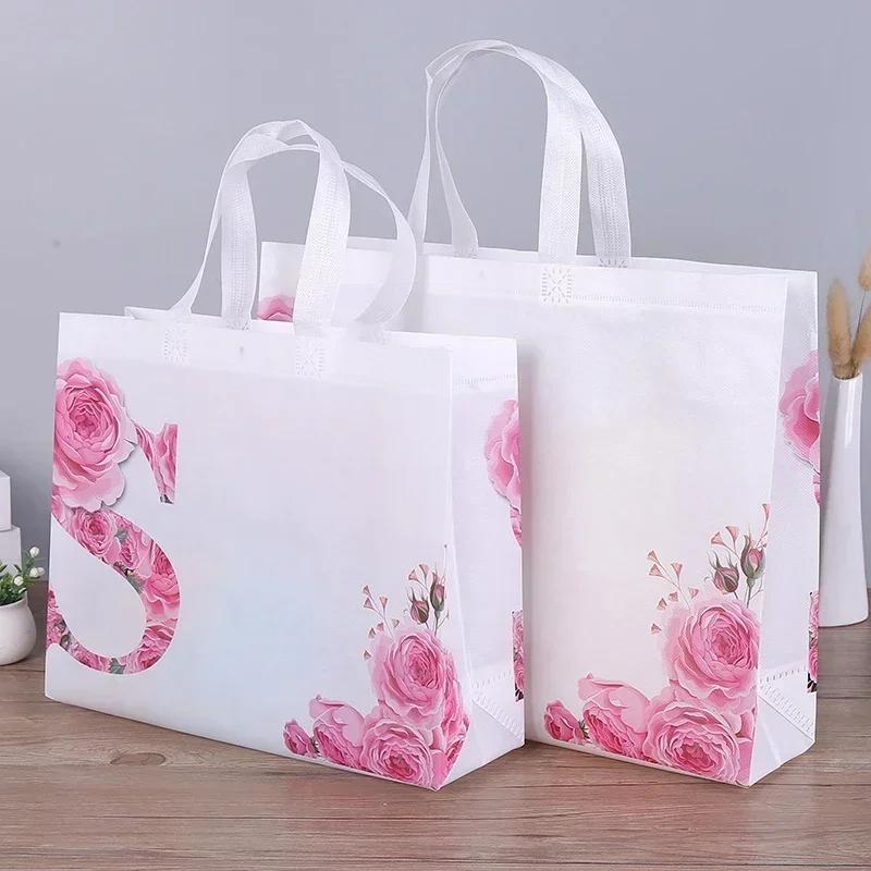 

25piece Non-woven Fabric Handbag Pink Film Covering Waterproof Durable Clothing Portable Shopping Bags Gift Transverse Packing B 44xH32x10cm&25pcs