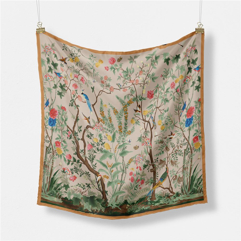 53cm Brand Square Scarf Woman 2024 Design Flowers Birds Silk Women Scarf Bandana Luxury Headband Hijab Neckerchief