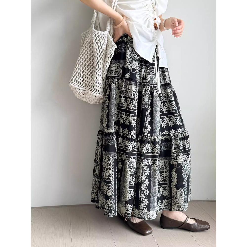 Dimanaf 2025 Summer Women Linen New Skirts Flower Vintage Elastic Pleated Elegant Skirts High Waist
