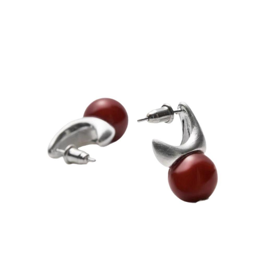 Elegant South Red Agate Stud Earrings: Classic, Versatile, High-End, Unique Design for Women