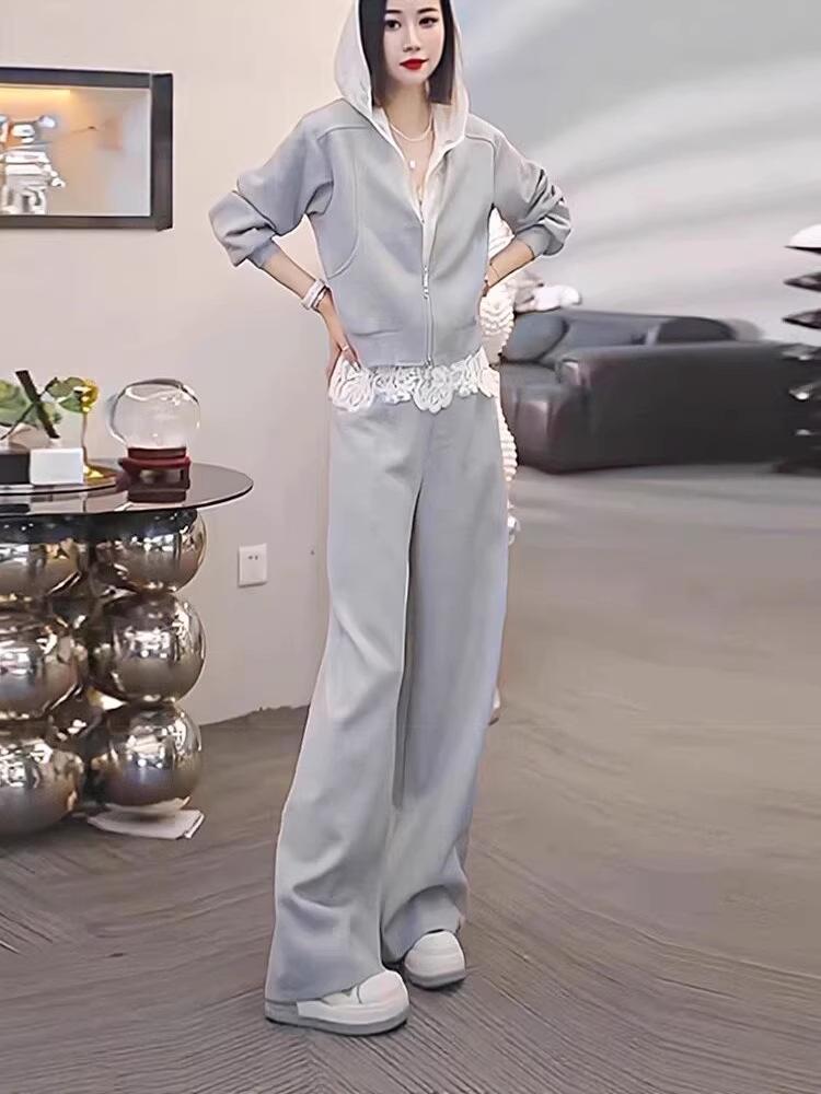Spring 2026 Women s Casual Lace Patchwork Hoodie & Wide-Leg Pants Set Small