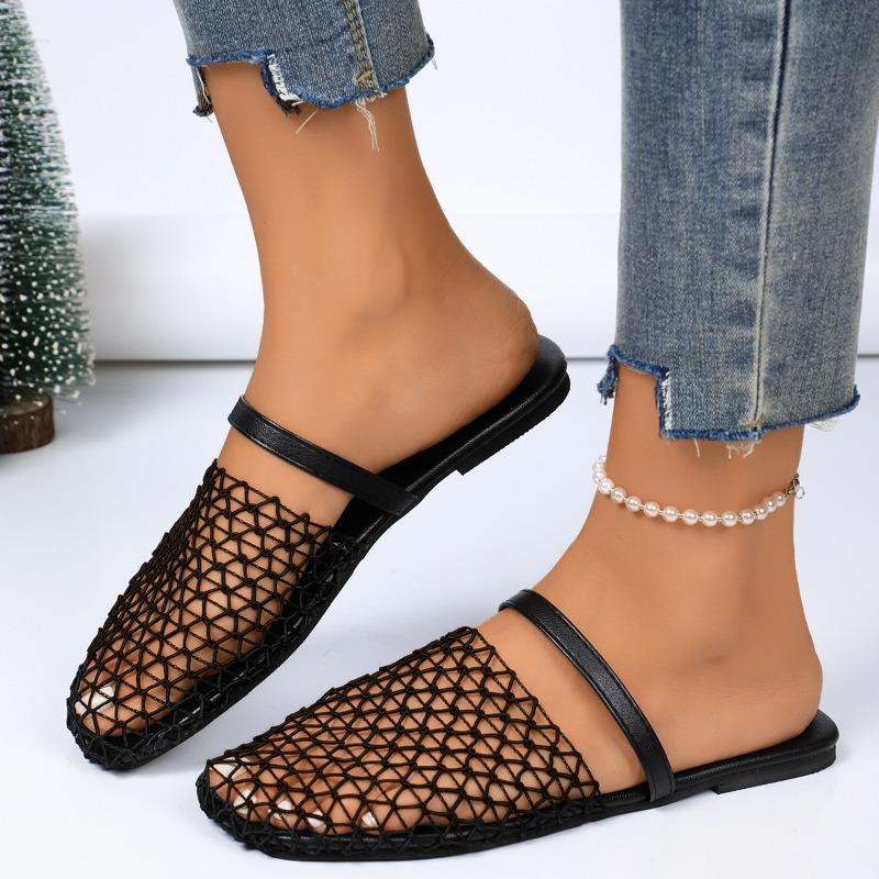 Women's New Fashion Cutout Fishnet Sandals Flat Comfortable Casual Slip-On Trendy Shoes