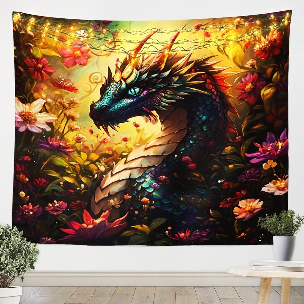 Chinese Dragon Tapestry, Black Dragon with Red Peony and Butterfly Print Wall Hanging for Bedroom, Living Room Decor
