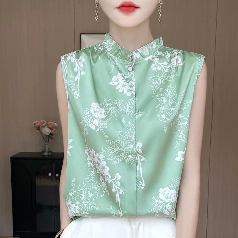 Шелковая рубашка с принтом Сатиновая шелковая рубашка Новый летний стиль Базовая рубашка Топ L