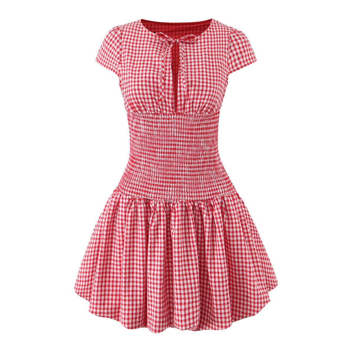 Women s Short Sleeve Red White Plaid Dress, Round Neck Bow, Ruched Waist A Line Ruffle Hem S